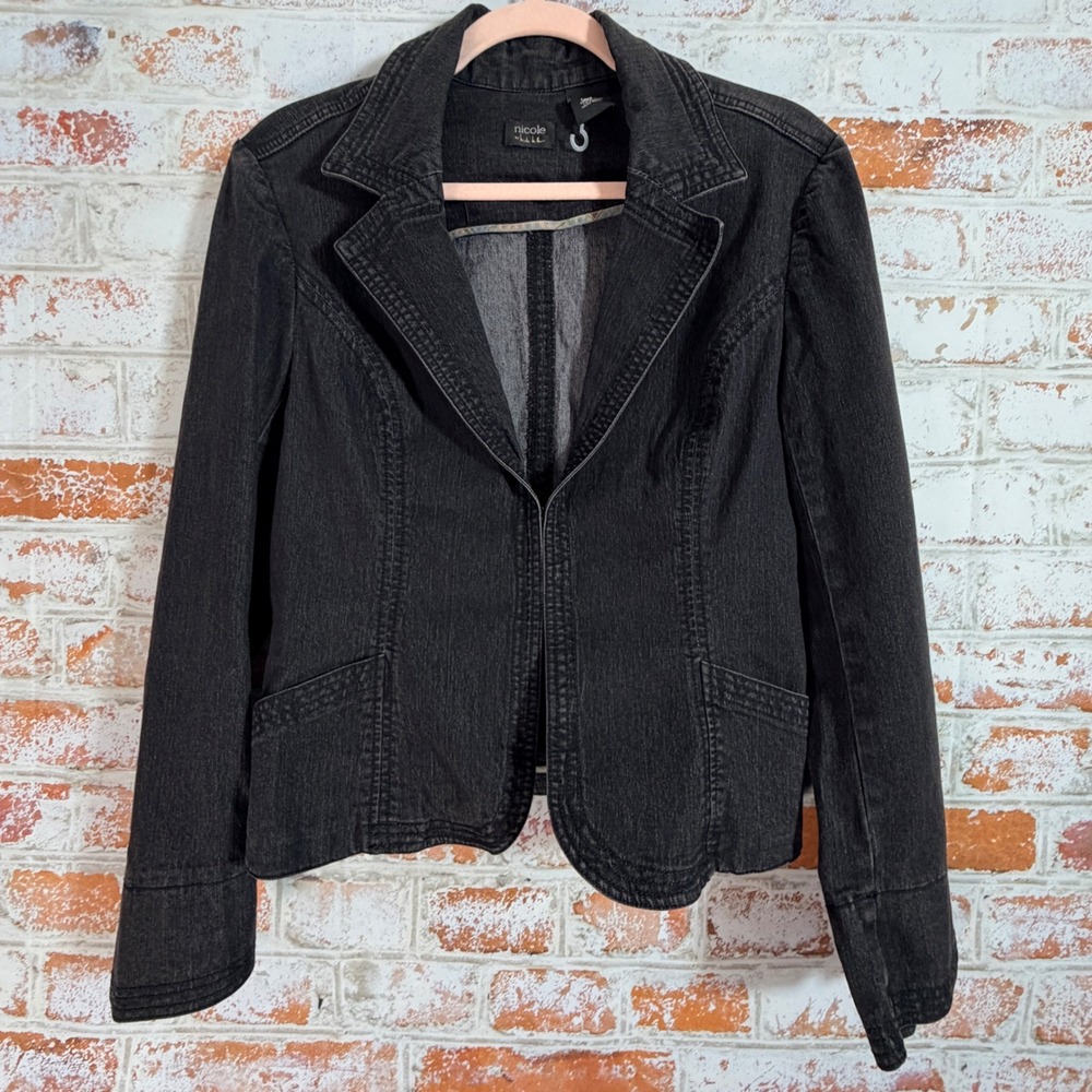 Nicole Miller Denim Blazer Womens Size 10 Black Stretch Jean Jacket Professional